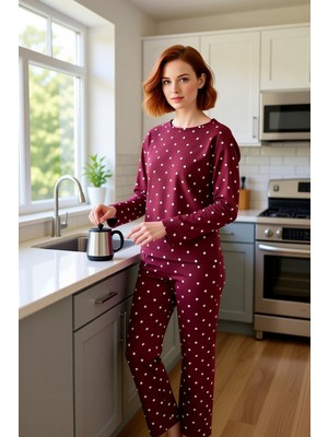 FRM Kadın Kalp ve Puantiye Desenli Pijama Takımı Fonksiyonel Dayanıklı Kaliteli Konforlu Rahat