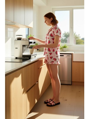 FRM Yazlık Karpuz Desenli Gömlek ve Fırfırlı Şort Pijama Takımı Kadın Fonksiyonel Dayanıklı Şık