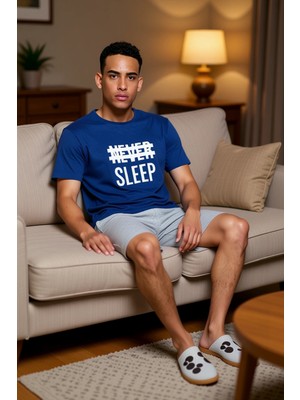 PayBuy Erkek Slogan Baskılı Bisiklet Yaka Kısa Kollu Tişört ve Şort Pijama Takımı Fonksiyonel Şık