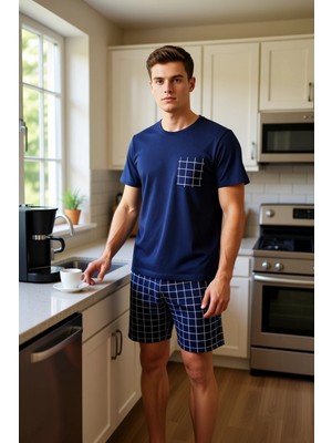 FRM Erkek Kısa Kollu Ekose Şortlu Pijama Takımı Melanj Fonksiyonel Dayanıklı Kaliteli Konforlu