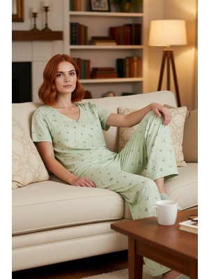 PayBuy Kadın Mint Çiçekli V Yaka Kısa Kollu Pijama Takımı Fonksiyonel Dayanıklı Kaliteli Konforlu