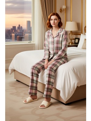Ersefa Kadın Flanel Ekose Pijama Takımı Gömlek Yaka Uzun Kollu Fonksiyonel Dayanıklı Kaliteli Şık