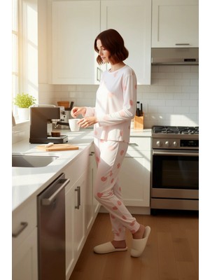 FRM Kadin Kalpli Pijama Takımı Bisiklet Yaka Uzun Kollu Pantu Fonksiyonel Dayanıklı Kaliteli Şık
