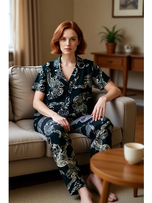 PayBuy Kadın Kaplan Desenli Gömlek Yaka Pijama Takımı Fonksiyonel Dayanıklı Kaliteli Konforlu Şık