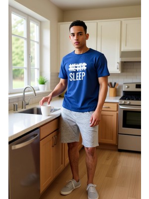 FRM Erkek Tişört ve Şortlu Pijama Takımı Slogan Baskılı Fonksiyonel Dayanıklı Kaliteli Estetik
