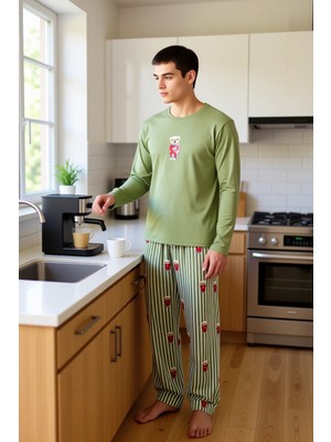 FRM Erkek Ayıcıklı Çizgili Pijama Takımı Bisiklet Yaka Fonksiyonel Dayanıklı Kaliteli Konforlu
