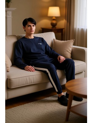 PayBuy Erkek Bisiklet Yaka Nakışlı Şeritli Pijama Takımı Fonksiyonel Dayanıklı Kaliteli Konforlu Şık