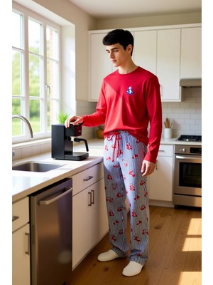 FRM Erkek Kirmizi Panda Figurlu Bisiklet Yaka Pijama Takımı Fonksiyonel Dayanıklı Kaliteli Şık