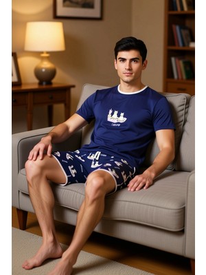 PayBuy Erkek Kedi Baskılı Bisiklet Yaka Pamuklu Pijama Takımı Fonksiyonel Dayanıklı Kaliteli Spor