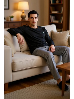 PayBuy Erkek Nakışlı Bisiklet Yaka Uzun Kollu Pijama Takımı Fonksiyonel Dayanıklı Kaliteli Modern