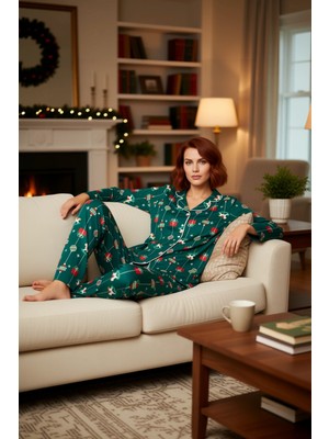PayBuy Kadın Yılbaşı Temalı Gömlek Yaka Pijama Takımı Fonksiyonel Dayanıklı Kaliteli Konforlu Şık