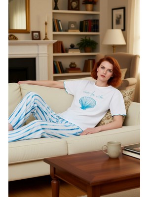 PayBuy Kadın Çizgili Viskon Pijama Takımı Deniz Kabuğu Baskılı Fonksiyonel Dayanıklı Kaliteli Şık