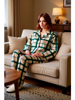 PayBuy Kadın Ekose Polar Pijama Takımı Nakışlı Gömlek Yaka Fonksiyonel Dayanıklı Kaliteli Estetik