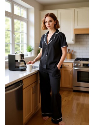 FRM Kadın Gömlek Yaka Nakışlı Ev Giyim Takımı Fonksiyonel Dayanıklı Kaliteli Konforlu Estetik Şık