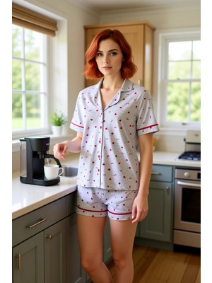 FRM Kadın Melanj Kalpli Kısa Kollu Pijama Takımı Fonksiyonel Dayanıklı Kaliteli Konforlu Rahat