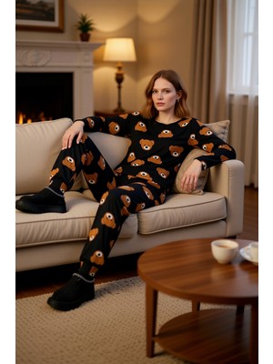 PayBuy Kadın Ayıcıklı Pijama Takımı Uzun Kollu Bisiklet Yaka Fonksiyonel Dayanıklı Kaliteli Rahat