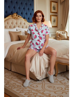 Ersefa Renkli Karpuz Baskılı Gömlek ve Şort Pijama Takımı Kadın Fonksiyonel Dayanıklı Kaliteli Şık