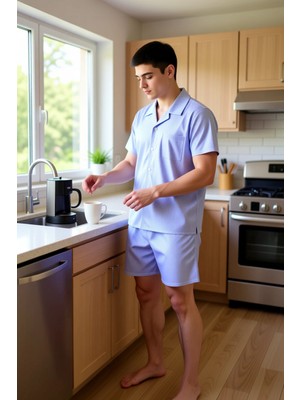 FRM Erkek Çizgili Gömlek Şort Pijama Takımı Fonksiyonel Dayanıklı Kaliteli Konforlu Estetik Şık
