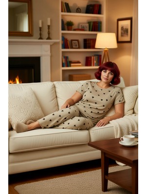 PayBuy Kadın Kalp Desenli V Yaka Kısa Kollu Pijama Takımı Fonksiyonel Dayanıklı Kaliteli Konforlu