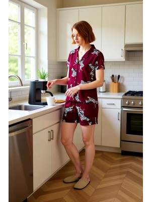FRM Zebra Desenli Gömlek Yaka Şortlu Kadın Pijama Takımı Fonksiyonel Dayanıklı Kaliteli Modern