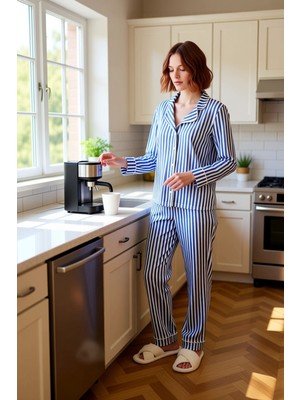 FRM Kadın Kışlık Çizgili Pijama Takımı Gömlek Yaka Fonksiyonel Dayanıklı Kaliteli Konforlu Şık