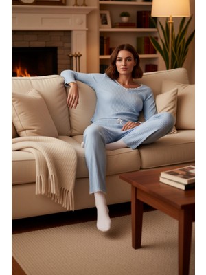 PayBuy Kadın Bebe Fitilli V Yaka Uzun Kollu Pijama Takımı Fonksiyonel Dayanıklı Kaliteli Konforlu