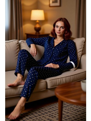 PayBuy Kadın Galaksi Desenli Gömlek Yaka Pijama Takımı Fonksiyonel Dayanıklı Kaliteli Konforlu Şık