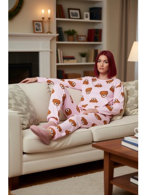 PayBuy Kadın Ayıcıklı Pijama Takımı Uzun Kollu Bisiklet Yaka Fonksiyonel Dayanıklı Kaliteli Rahat