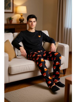 PayBuy Ayıcık Baskılı Bisiklet Yaka Uzun Kollu Pijama Takımı Erkek Fonksiyonel Dayanıklı Kaliteli