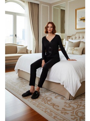 Ersefa Kadın Puantiyeli V Yaka Uzun Kollu Ev Giyim Takımı Fonksiyonel Dayanıklı Kaliteli Konforlu