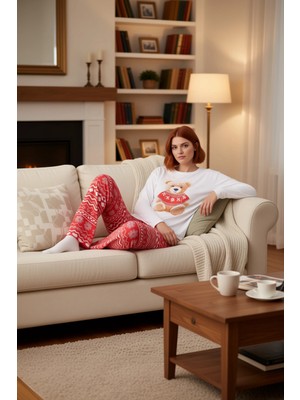 PayBuy Kadin Ayicikli Kis Temali Pijama Takımı Fonksiyonel Dayanıklı Kaliteli Konforlu Estetik Şık