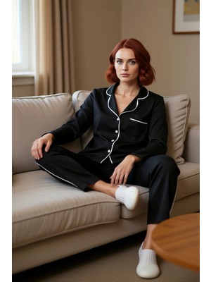 PayBuy Kadın Biye Detaylı Gömlek Yaka Pijama Takımı Fonksiyonel Dayanıklı Kaliteli Konforlu Rahat