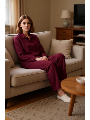 PayBuy Kadın Mürdüm Düz Dokuma Viskon Gömlek Pantolon Pijama Takımı Fonksiyonel Dayanıklı Estetik