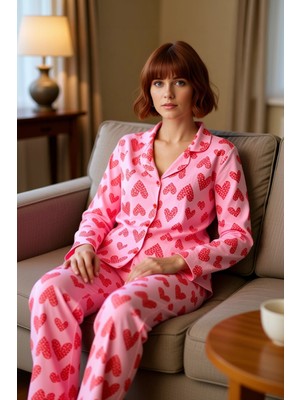 PayBuy Kadın Açık Kalp Desenli Gömlek Yaka Pijama Takımı Fonksiyonel Dayanıklı Kaliteli Konforlu Şık