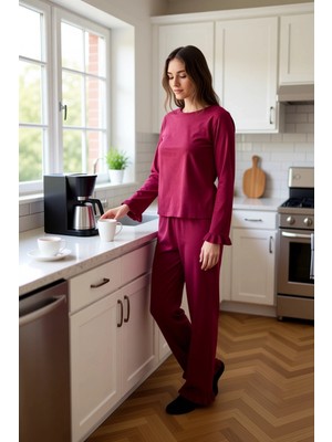 FRM Kadın Fırfırlı Bisiklet Yaka Uzun Kollu Pijama Takımı Fonksiyonel Dayanıklı Kaliteli Rahat