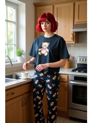 FRM Kadin Antrasit Ayicik Baskılı Pijama Takımı Fonksiyonel Dayanıklı Kaliteli Konforlu Modern