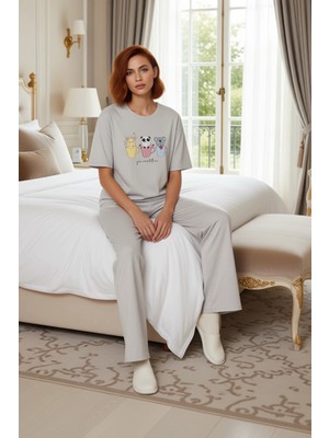 Ersefa Kadın Bisiklet Yaka Kısa Kollu Baskılı Pijama Takımı Açık Fonksiyonel Dayanıklı Kaliteli Şık