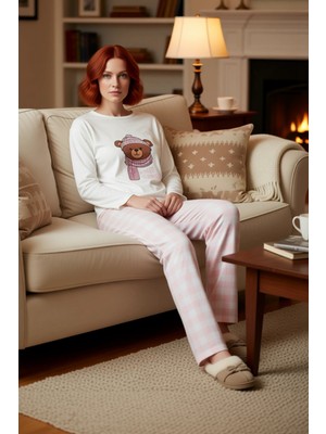 PayBuy Kadın Ayıcıklı Baskılı Ekose Pijama Takımı Fonksiyonel Dayanıklı Kaliteli Konforlu Estetik