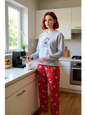 FRM Kadın Ayıcık Baskılı Pijama Takımı Üst Desenli Alt Fonksiyonel Dayanıklı Kaliteli Konforlu