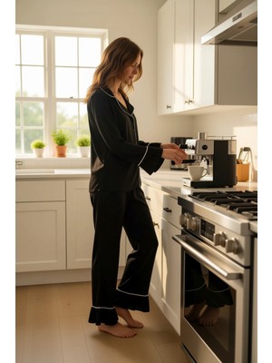 FRM Kadın Viskon Dokuma Pijama Takımı Volanlı ve Gömlek Yaka Tasarım Fonksiyonel Dayanıklı Şık