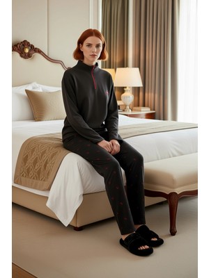 Ersefa Kadın Kiraz Desenli Fermuarlı Waffle Pijama Takımı Fonksiyonel Dayanıklı Kaliteli Konforlu