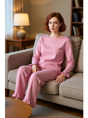 PayBuy Kadın Fırfırlı Bisiklet Yaka Uzun Kollu Pijama Takımı Fonksiyonel Dayanıklı Kaliteli Rahat