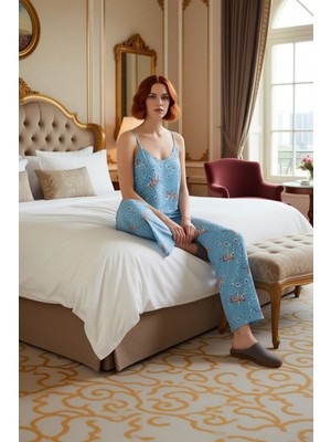 Ersefa Hayvan Desenli Viskon Ince Askılı Pijama Takımı Kadın Fonksiyonel Dayanıklı Kaliteli Rahat