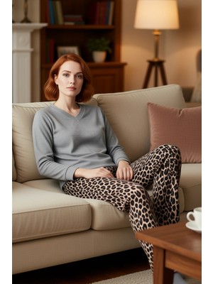 PayBuy Kadın Leopar Desenli V Yaka Uzun Kollu Ev Giyim Takımı Fonksiyonel Dayanıklı Kaliteli Spor