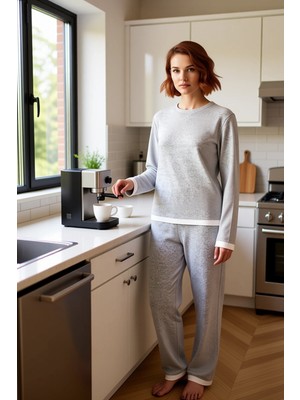 FRM Kadın Melanj Yumoş Pijama Takımı Bisiklet Yaka Uzun Kollu Fonksiyonel Dayanıklı Kaliteli Şık