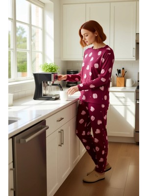 FRM Kadın Kalp ve Makaron Desenli Pamuklu Pijama Takımı Fonksiyonel Dayanıklı Kaliteli Estetik