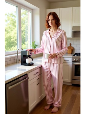 FRM Kadın Çizgili Viskoz Pijama Takımı Fonksiyonel Dayanıklı Kaliteli Konforlu Estetik Premium