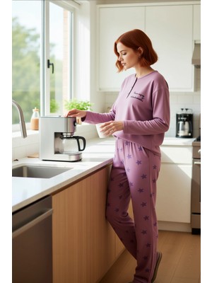 FRM Kadın Uzun Kollu Yıldız Baskılı Pijama Takımı Fonksiyonel Dayanıklı Kaliteli Konforlu Spor
