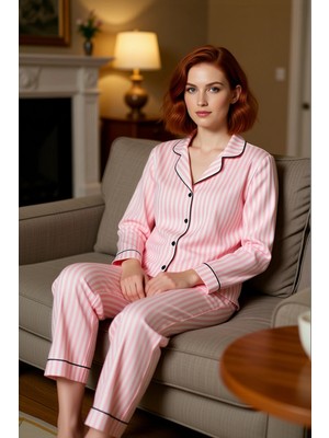 PayBuy Kadın Çizgili Pijama Takımı Gömlek Yaka Fonksiyonel Dayanıklı Kaliteli Konforlu Estetik Şık