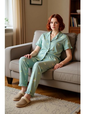 PayBuy Kadın Mint Çiçekli Fırfırlı Gömlek ve Pantolon Pijama Takımı Fonksiyonel Dayanıklı Estetik